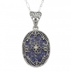 Antique Victorian Style Blue Lapis Filigree Diamond Pendant - Sterling Silver