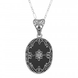 Antique Victorian Style Black Onyx Filigree Diamond Pendant - Sterling Silver