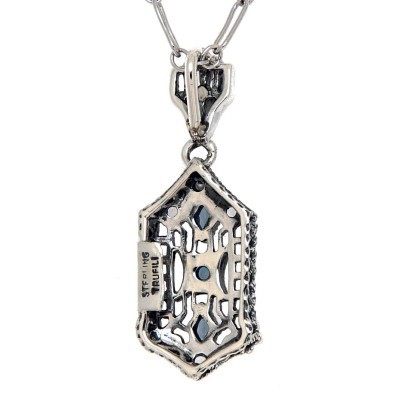 Art Deco London Blue Topaz  and White Topaz Filigree Pendant - Sterling Silver with 18 Deco Chain - FP-366-LBT