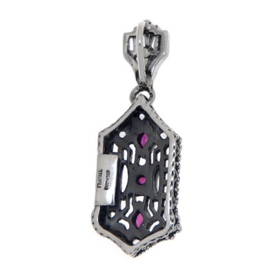 Art Deco Genuine Ruby and White Topaz Filigree Pendant with 18 chain - Sterling Silver - FP-366-R