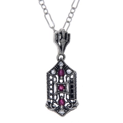 Art Deco Genuine Ruby and White Topaz Filigree Pendant with 18 chain - Sterling Silver - FP-366-R