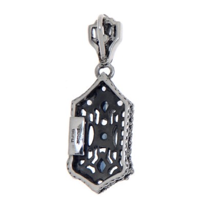 Art Deco Blue Sapphire and White Topaz Filigree Pendant - Sterling Silver with 18 Deco Chain - FP-366-S