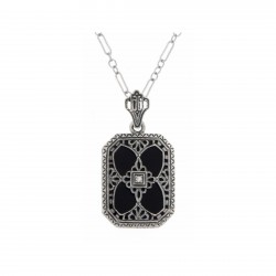 Victorian Style Black Onyx Filigree Diamond Pendant Sterling Silver