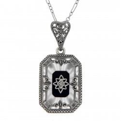 Sunray Camphor Glass and Jet Genuine Diamond Filigree Pendant Sterling Silver