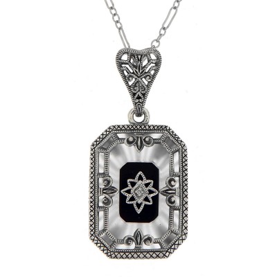 Sunray Camphor Glass and Jet Genuine Diamond Filigree Pendant Sterling Silver - FP-377-SRJ