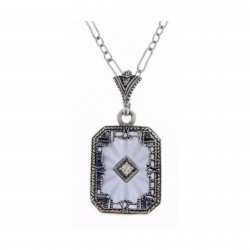 Blue Crystal Camphor Glass with Diamond Center Filigree Sterling Silver Pendant