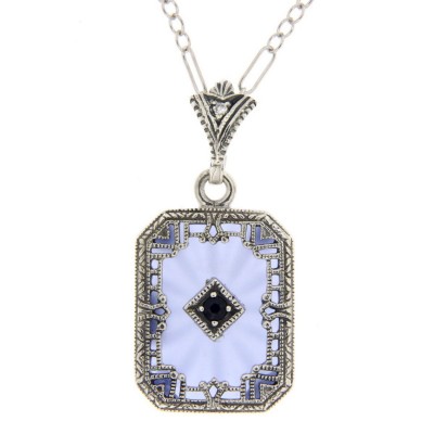 Blue Crystal - Camphor Glass - Sapphire Filigree Sterling Silver Pendant - FP-378-BLUE-S