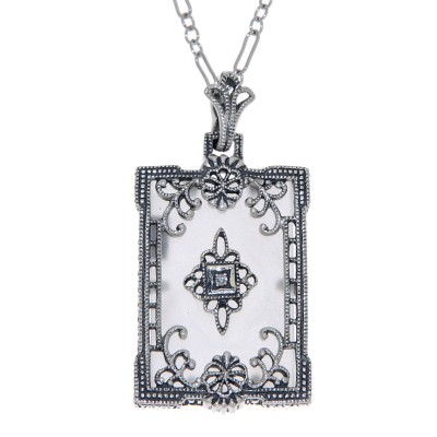 Antique Style Frosted Crystal Filigree Diamond Pendant with Chain - Sterling Silver - FP-38-CR