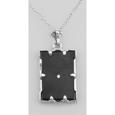 Antique Style Onyx Filigree Diamond Pendant with Chain - Sterling Silver - FP-38-O