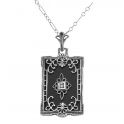 Antique Style Onyx Filigree Diamond Pendant with Chain - Sterling Silver