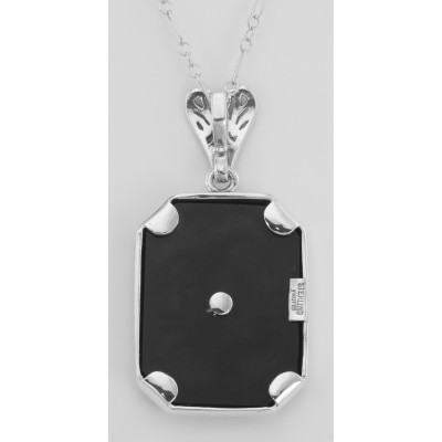 Art Deco Style Black Onyx and Diamond Pendant with 18 Chain - Sterling Silver - FP-383-O
