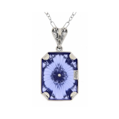 Art Deco Style Blue Sunray Camphor Glass pendant w/ diamond - Sterling Silver - FP-383-SR-B