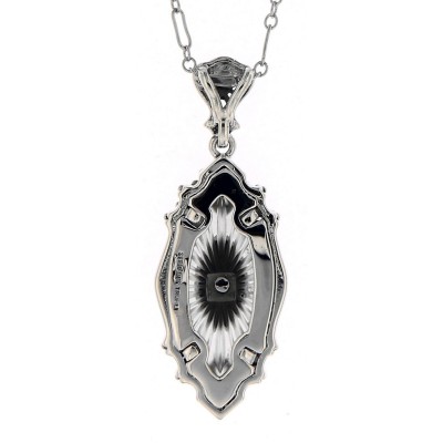 Sunray Camphor Glass and Jet Genuine Diamond Filigree Pendant Sterling Silver - FP-389-SRJ