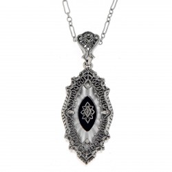 Sunray Camphor Glass and Jet Genuine Diamond Filigree Pendant Sterling Silver
