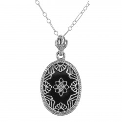 Beautiful Filigree Diamond Pendant w/ Black Onyx and Chain Sterling Silver