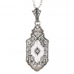 Sterling Silver Sunray Camphor Glass Filigree Pendant w/ Diamond