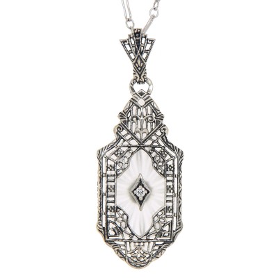 Sterling Silver Sunray Camphor Glass Filigree Pendant w/ Diamond - FP-399-SR