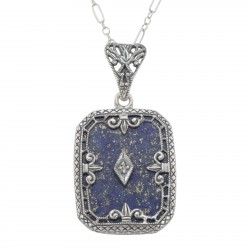 Fleur de Lis Design Blue Lapis and Diamond Pendant with Chain Sterling Silver