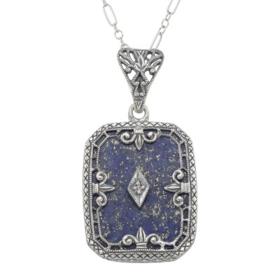 Fleur de Lis Design Blue Lapis and Diamond Pendant with Chain Sterling Silver - FP-41-L