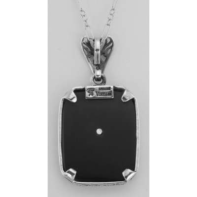 Fleur de Lis Design Onyx and Diamond Pendant with Chain Sterling Silver - FP-41-O