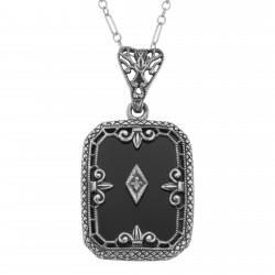 Fleur de Lis Design Onyx and Diamond Pendant with Chain Sterling Silver