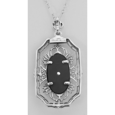 Art Deco Style Black Onyx Diamond Pendant with Chain - Sterling Silver - FP-42-O