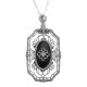 Art Deco Style Black Onyx Diamond Pendant with Chain - Sterling Silver - FP-42-O