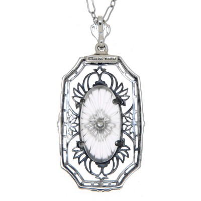 Art Deco Style Camphor Glass Crystal with Sunray Pattern Diamond Pendant with Chain - Sterling Silver - FP-42-SR