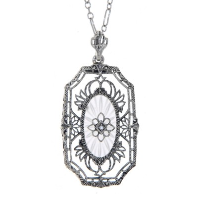 Art Deco Style Camphor Glass Crystal with Sunray Pattern Diamond Pendant with Chain - Sterling Silver - FP-42-SR
