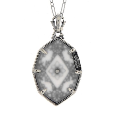 Victorian Style Camphor Glass Filigree Diamond Pendant w chain - Sterling Silver - FP-43-CR