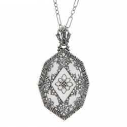 Victorian Style Camphor Glass Filigree Diamond Pendant with chain - Sterling Silver