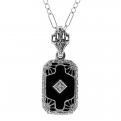 Genuine Black Onyx Filigree Pendant w/ Diamond - Sterling Silver