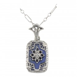 Beautiful Blue Lapis Filigree Pendant w/ Diamond - Sterling Silver