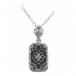 Genuine Black Onyx Filigree Pendant w/ Diamond - Sterling Silver