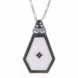 Art Deco Style Camphor Glass Filigree Pendant Diamond  Chain Sterling Silver