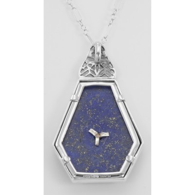 Art Deco Style Blue Lapis Filigree Pendant Diamond  Chain - Sterling Silver - FP-528-L