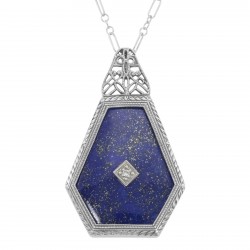 Art Deco Style Blue Lapis Filigree Pendant Diamond  Chain - Sterling Silver