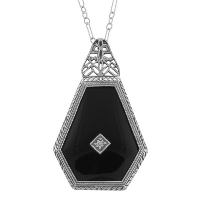 Art Deco Style Black Spinel Filigree Pendant Diamond  Chain - Sterling Silver - FP-528-O