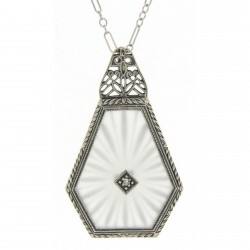Art Deco Style Sunray Camphor Glass Filigree Pendant Diamond Sterling Silver