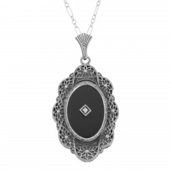 Art Deco Style Black Onyx and Diamond Filigree Pendant w/ Chain Sterling Silver