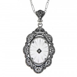 Art Deco Style Camphor Glass and Diamond Filigree Pendant Sterling Silver