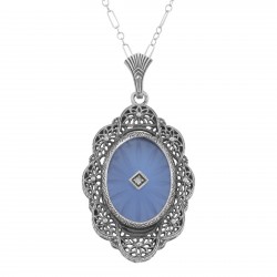 Art Deco Style Blue Camphor Glass and Diamond Filigree Pendant Sterling Silver