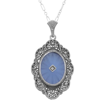 Art Deco Style Blue Camphor Glass and Diamond Filigree Pendant Sterling Silver - FP-535-SR-B