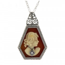 Art Deco Style Hand Carved Italian Cameo Diamond Pendant Sterling Silver