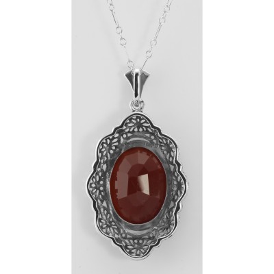 Art Deco Style Faceted Carnelian Filigree Pendant - Sterling Silver - FP-537-CAR