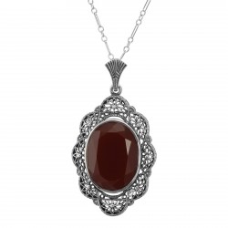 Art Deco Style Faceted Carnelian Filigree Pendant - Sterling Silver