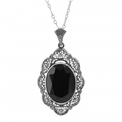 Art Deco Style Faceted Onyx Filigree Pendant - Sterling Silver