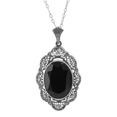 Art Deco Style Faceted Onyx Filigree Pendant - Sterling Silver - FP-537-O