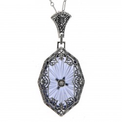 Victorian Style Blue Sunray Crystal Filigree Diamond Pendant - Sterling Silver