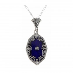 Antique Victorian Style Blue Lapis Filigree Diamond Pendant - Sterling Silver